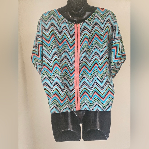 Alya -Women's Size S ,Blue and Orange Chevron Blouse with Relaxed Fit - Picture 2 of 8